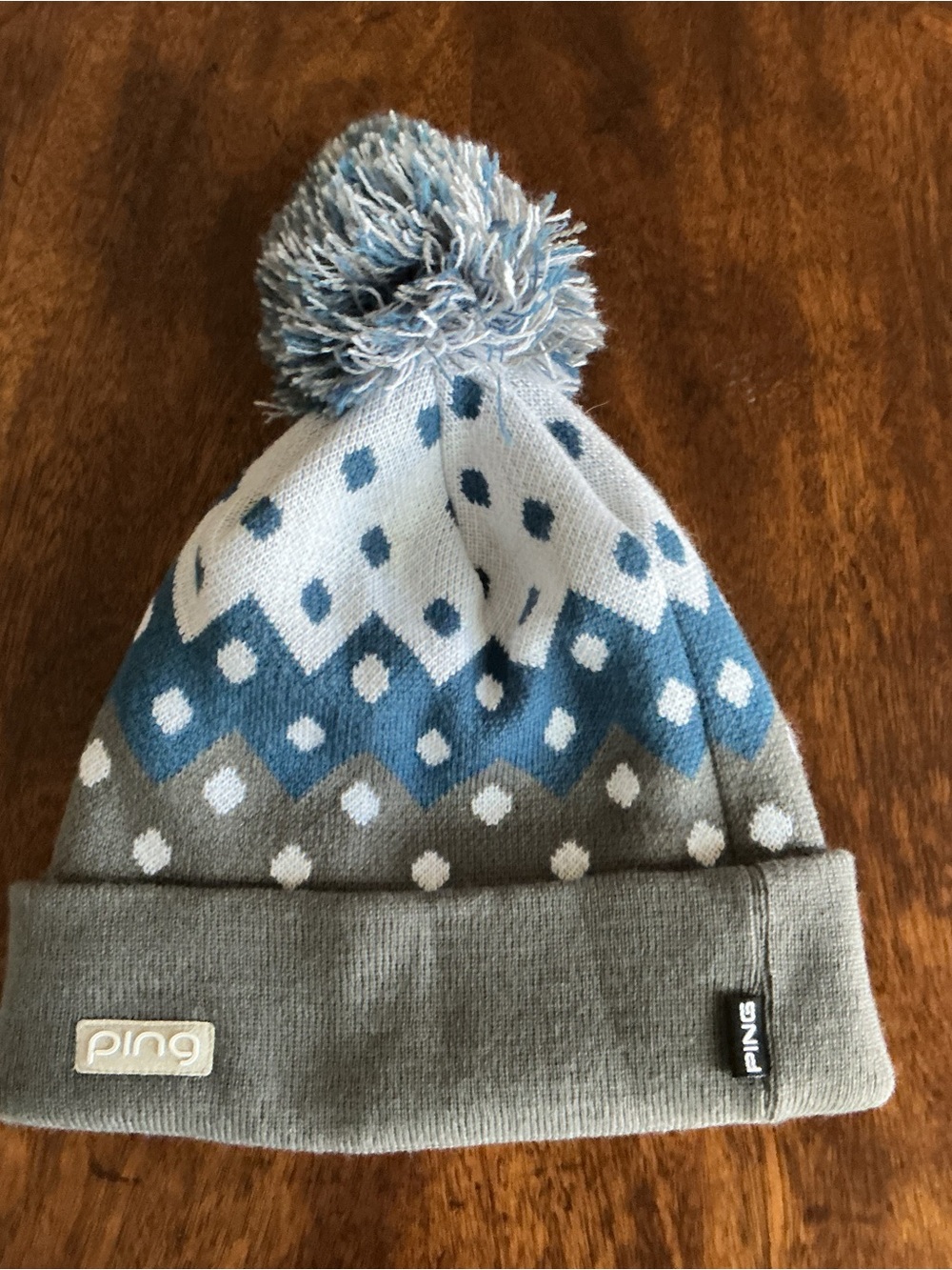 Ping Golf Beanie Blue White Gray Geometric Pattern Fluffy Pom Pom One Size